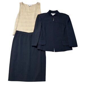 St. John Collection Set Black Zip Jacket Sleeveless Knit Top & Black Skirt